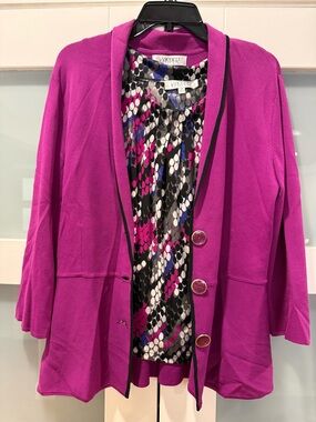 Kasper Magenta Fuchsia Open Cardigan Knit with Printed Shell Size Medium a